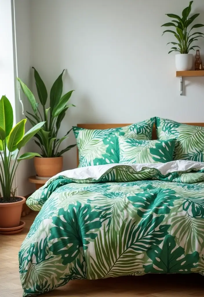 25 Bedroom Decor Ideas With Leaf Print Bedding For A Fresh Look 1 25 Bedroom Decor Ideas With Leaf Print Bedding For A Fresh Look - 1. Tropical Vibes