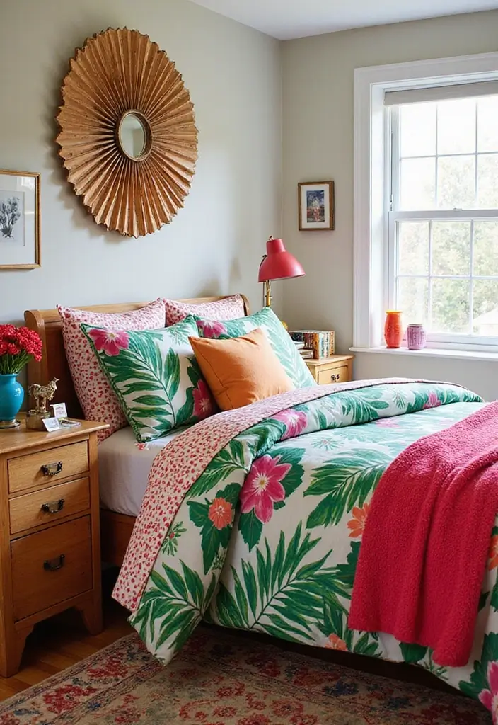 25 Bedroom Decor Ideas With Leaf Print Bedding For A Fresh Look 33 25 Bedroom Decor Ideas With Leaf Print Bedding For A Fresh Look - 11. Bright and Bold