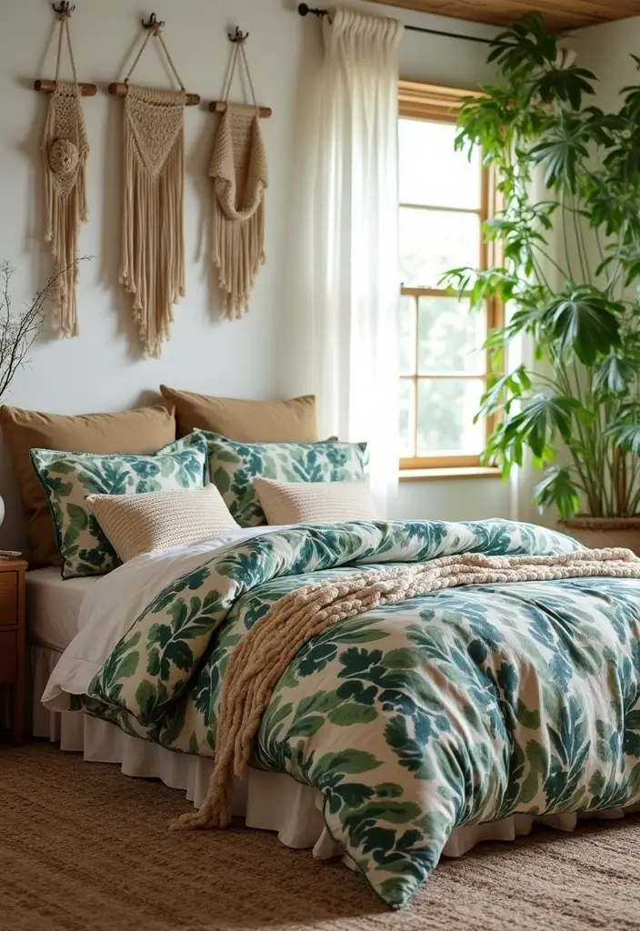 25 Bedroom Decor Ideas With Leaf Print Bedding For A Fresh Look 9 25 Bedroom Decor Ideas With Leaf Print Bedding For A Fresh Look - 3. Bohemian Bliss