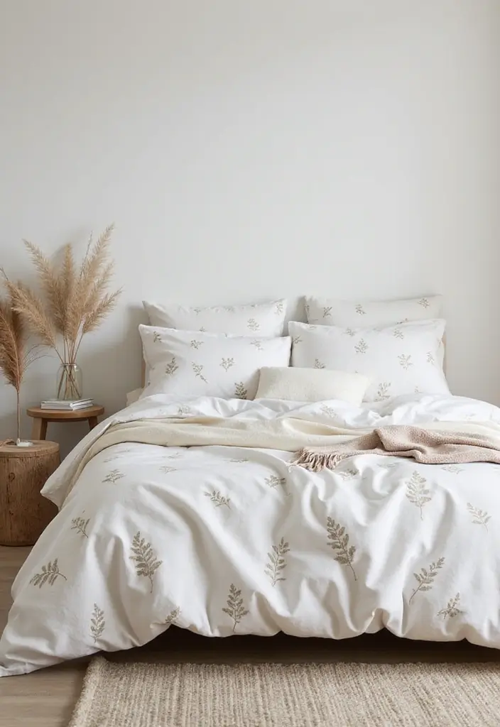 25 Bedroom Decor Ideas With Leaf Print Bedding For A Fresh Look 12 25 Bedroom Decor Ideas With Leaf Print Bedding For A Fresh Look - 4. Minimalist Serenity