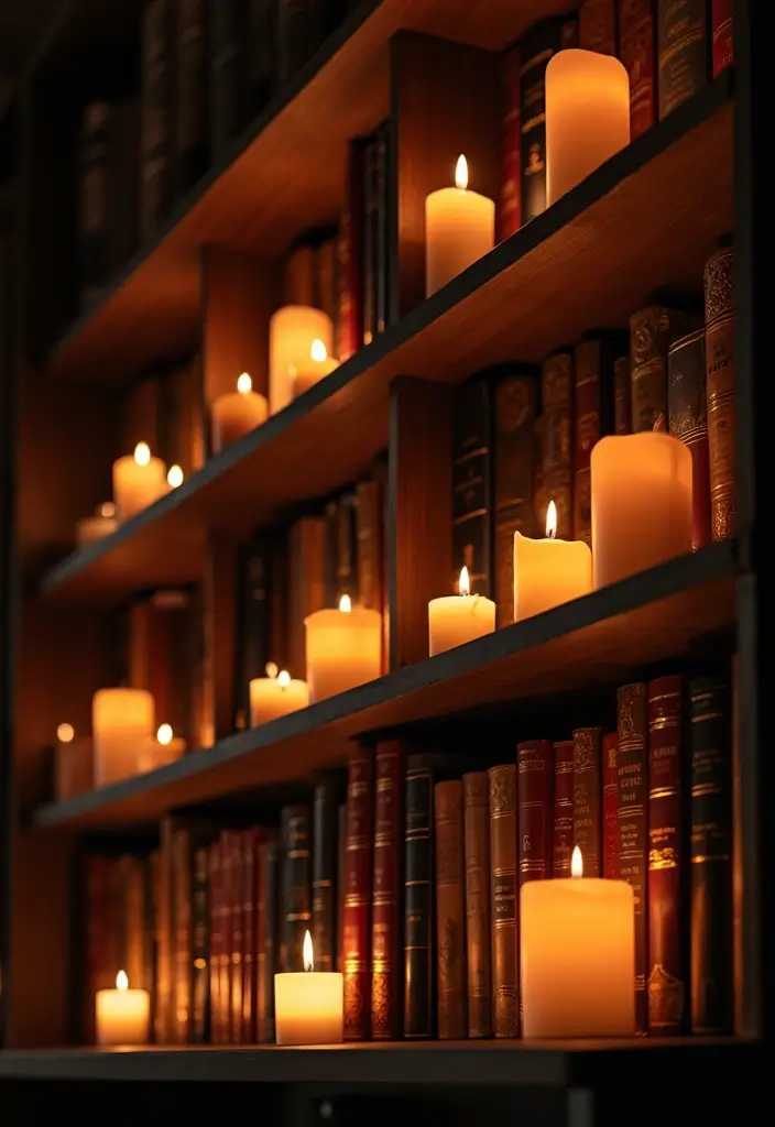 25 Decorative Bookshelf Styling Ideas With Vases And Candles 46 25 Decorative Bookshelf Styling Ideas With Vases And Candles - 22. The Magic of Candlelight