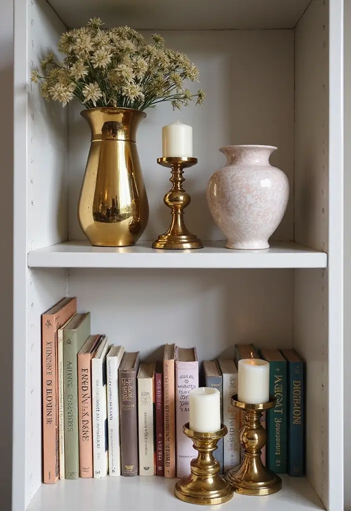25 Decorative Bookshelf Styling Ideas With Vases And Candles 18 25 Decorative Bookshelf Styling Ideas With Vases And Candles - 6. Reflective Surfaces