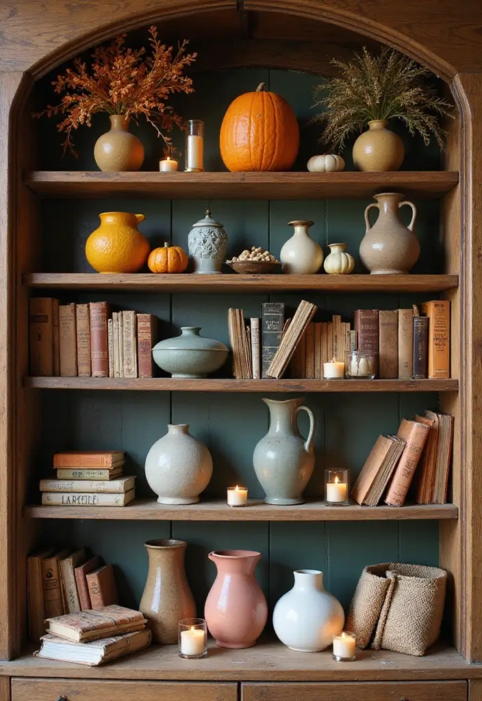 25 Decorative Bookshelf Styling Ideas With Vases And Candles 19 25 Decorative Bookshelf Styling Ideas With Vases And Candles - 7. Seasonal Updates