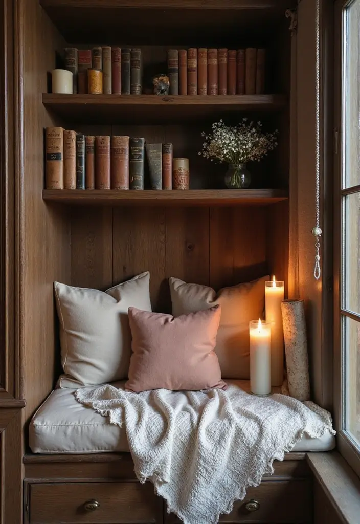 25 Decorative Bookshelf Styling Ideas With Vases And Candles 21 25 Decorative Bookshelf Styling Ideas With Vases And Candles - 9. Cozy Nooks with Candles
