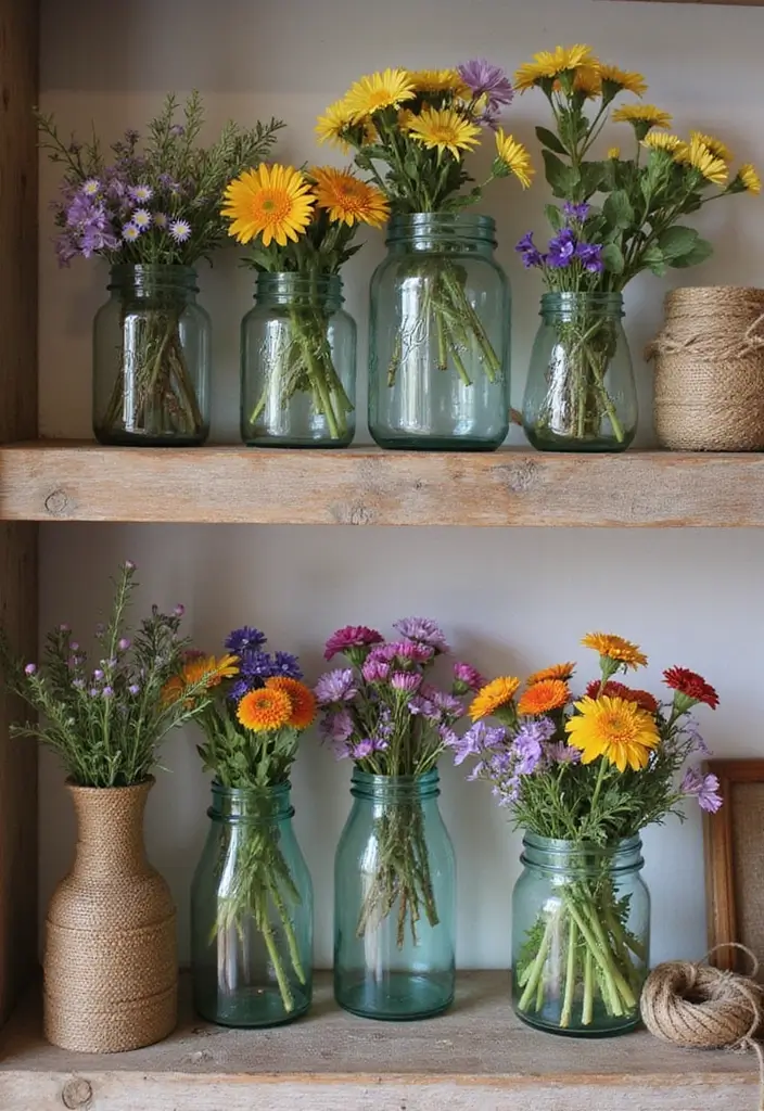 25 Decorative Kitchen Shelf Ideas With Vases - 1. Vintage Glass Jars with Wildflowers