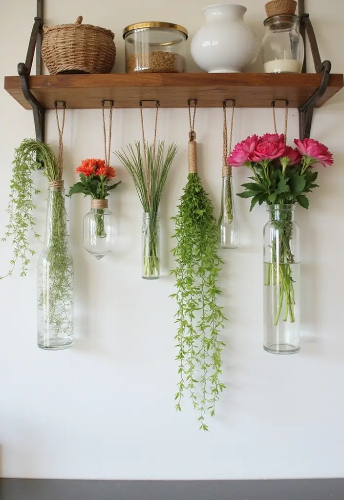 25 Decorative Kitchen Shelf Ideas With Vases - 10. Hanging Vases for Vertical Interest