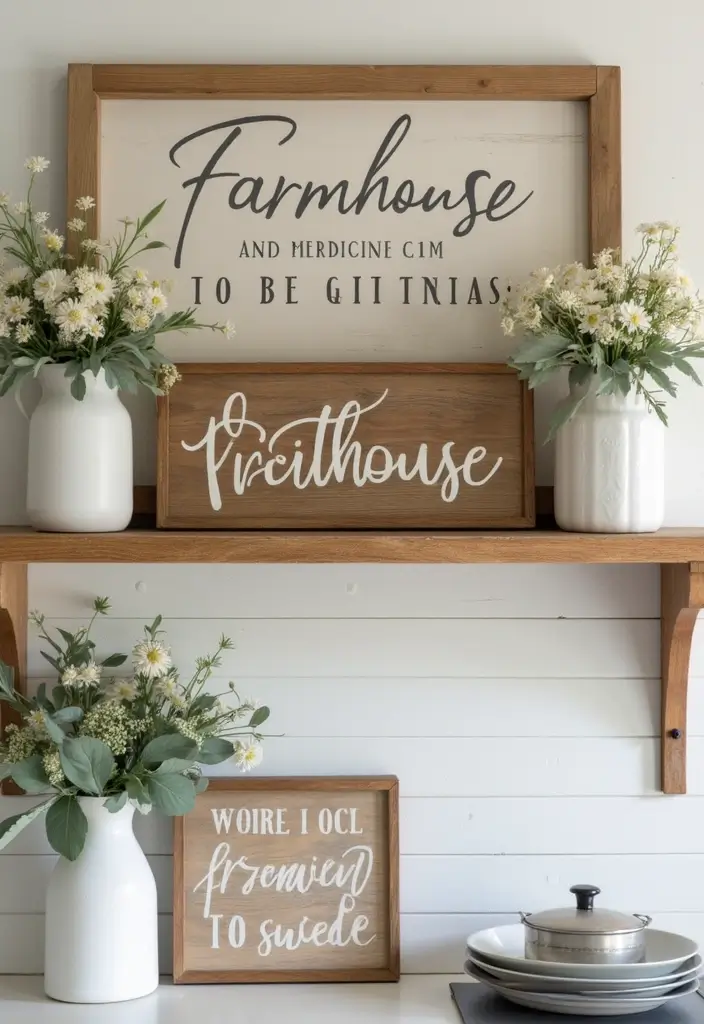 25 Decorative Kitchen Shelf Ideas With Vases - 11. Farmhouse Signage with Vases
