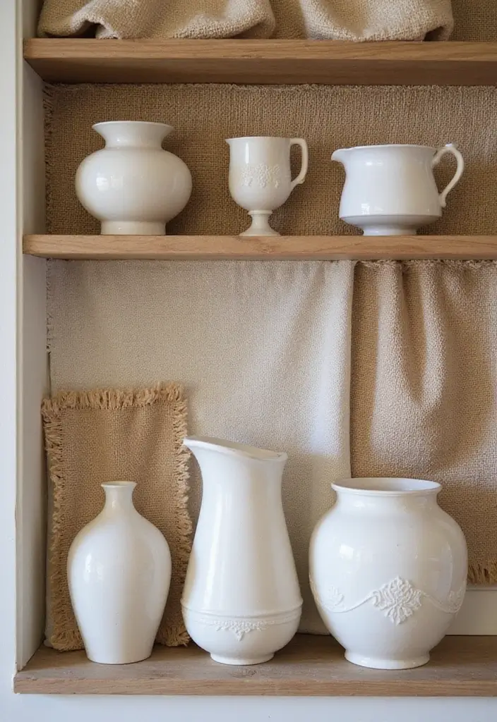 25 Decorative Kitchen Shelf Ideas With Vases - 12. Layered Textures with Fabrics