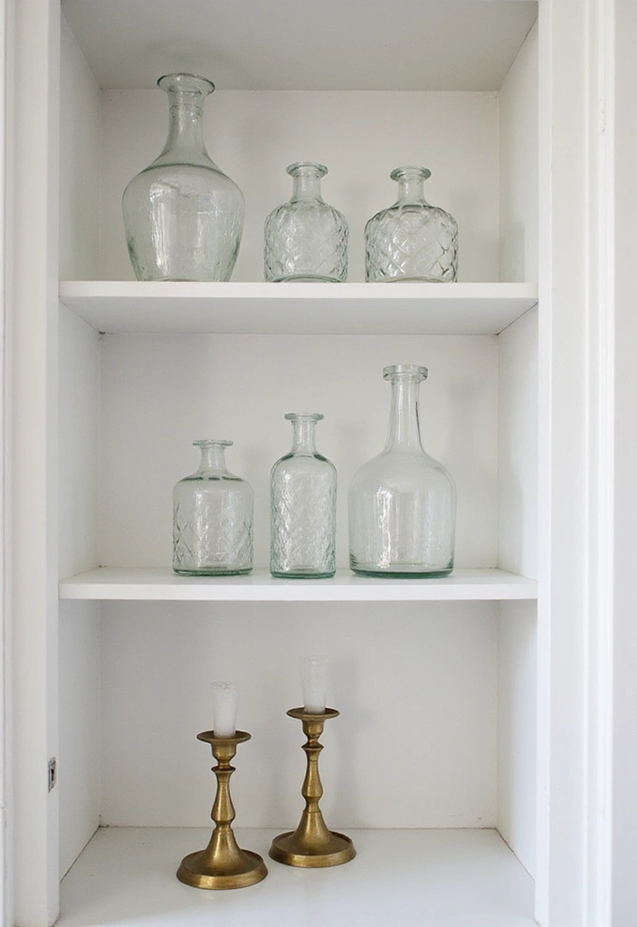 25 Decorative Kitchen Shelf Ideas With Vases - 13. Metallic Accents with Glass Vases