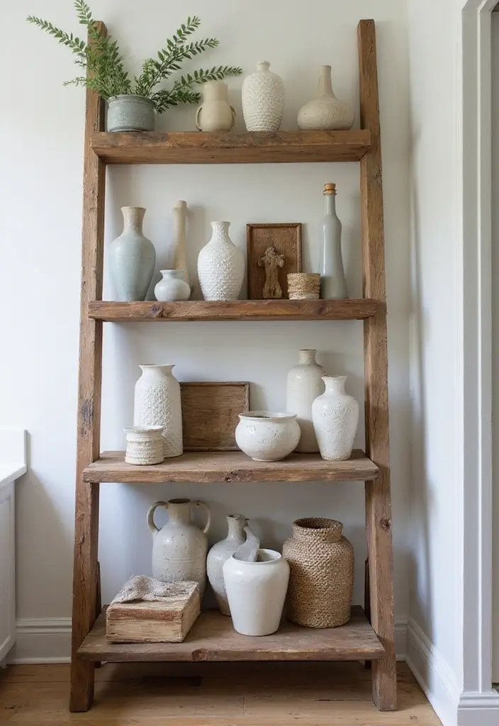 25 Decorative Kitchen Shelf Ideas With Vases - 14. Rustic Ladder Shelves for Chic Displays
