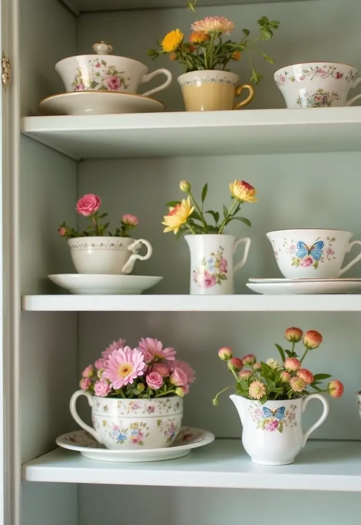 25 Decorative Kitchen Shelf Ideas With Vases - 15. Vintage Tea Cups as Mini Vases