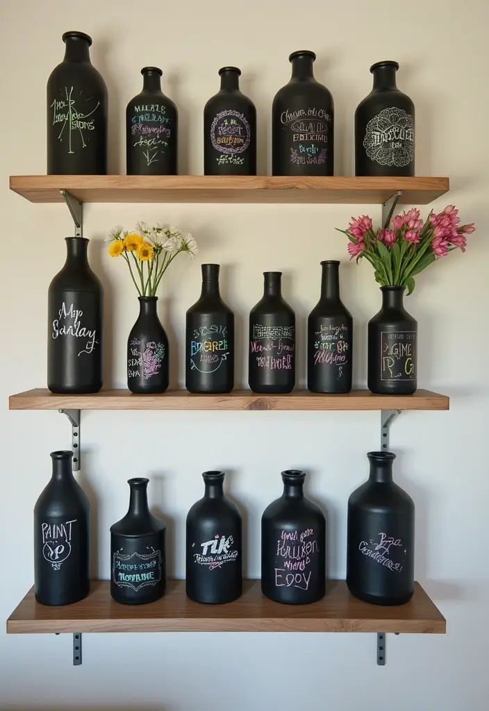 25 Decorative Kitchen Shelf Ideas With Vases - 16. Chalkboard Paint Vases