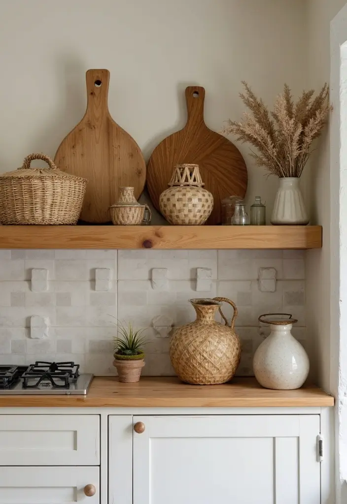 25 Decorative Kitchen Shelf Ideas With Vases - 17. Basket Weave Vases