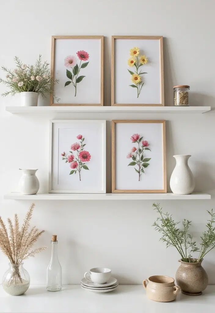 25 Decorative Kitchen Shelf Ideas With Vases - 18. Framed Floral Art with Vases
