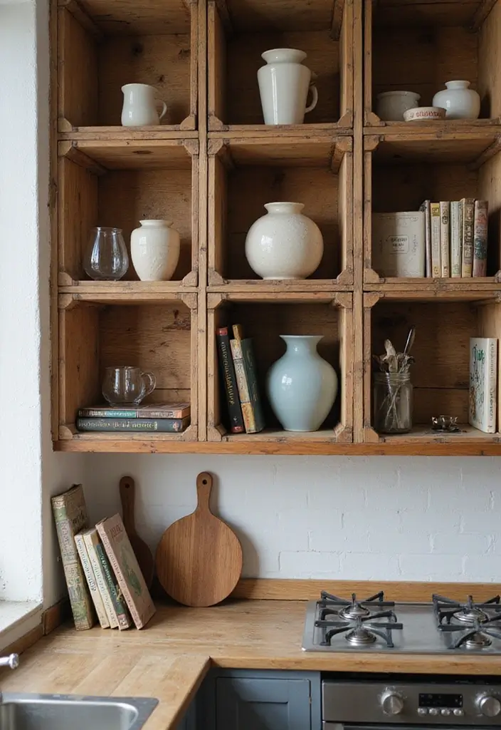 25 Decorative Kitchen Shelf Ideas With Vases - 2. Rustic Wooden Crates as Shelves