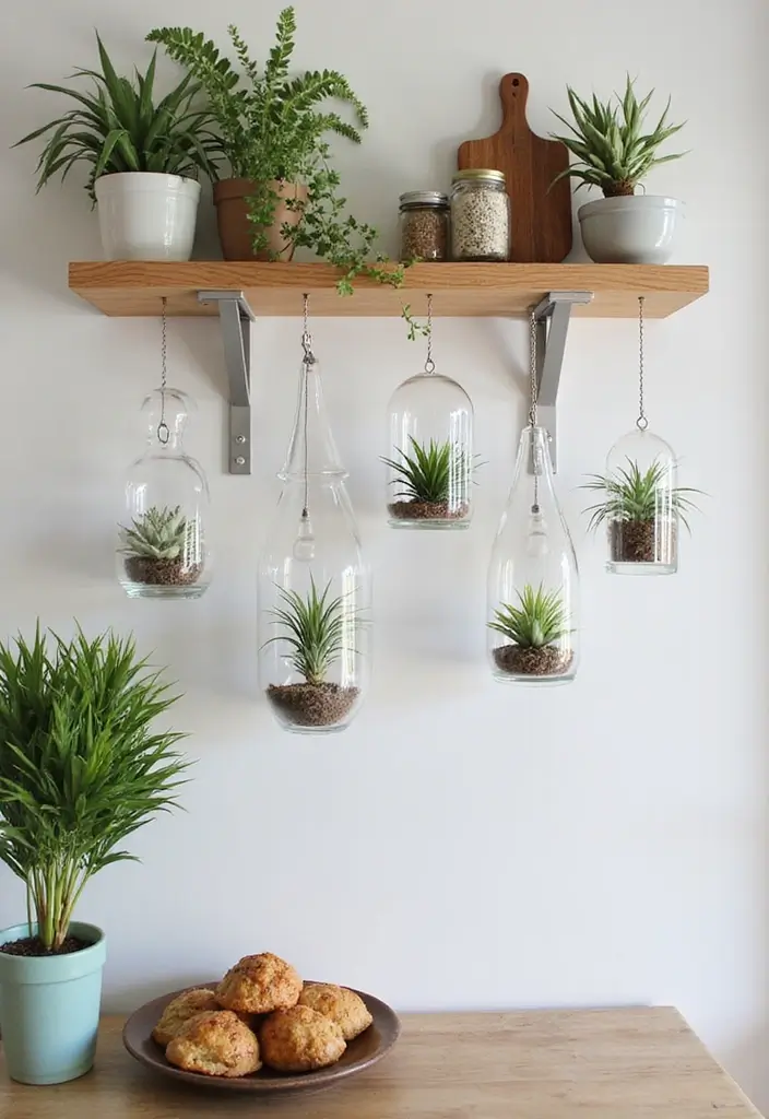 25 Decorative Kitchen Shelf Ideas With Vases - 21. Hanging Terrariums