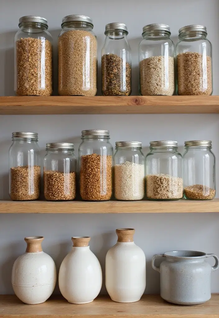 25 Decorative Kitchen Shelf Ideas With Vases - 22. Layered Grains and Vases