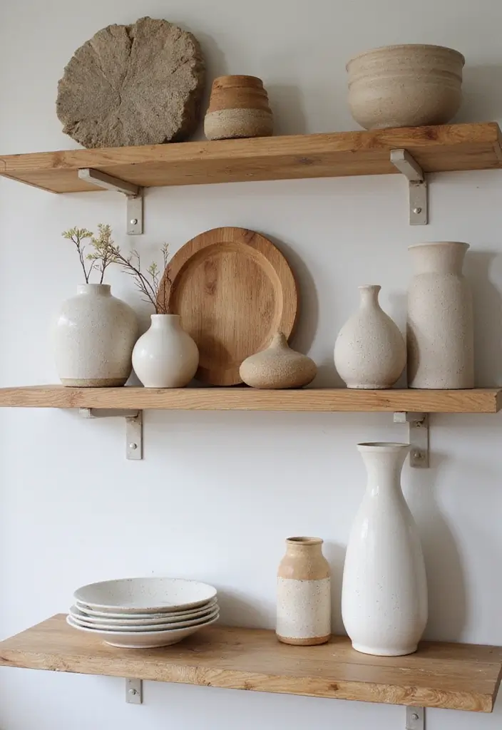 25 Decorative Kitchen Shelf Ideas With Vases - 24. Natural Elements with Wood and Stone
