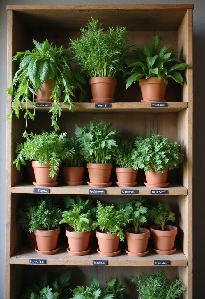 25 Decorative Kitchen Shelf Ideas With Vases - 4. Terracotta Pots with Herbs