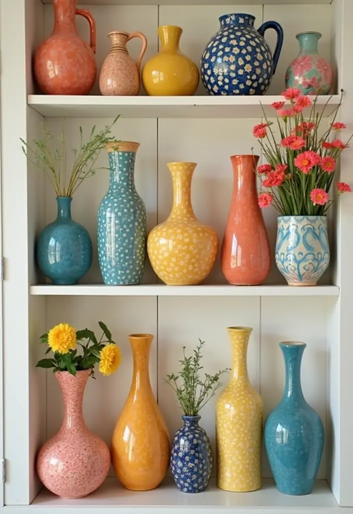25 Decorative Kitchen Shelf Ideas With Vases - 5. Colorful Ceramic Vases