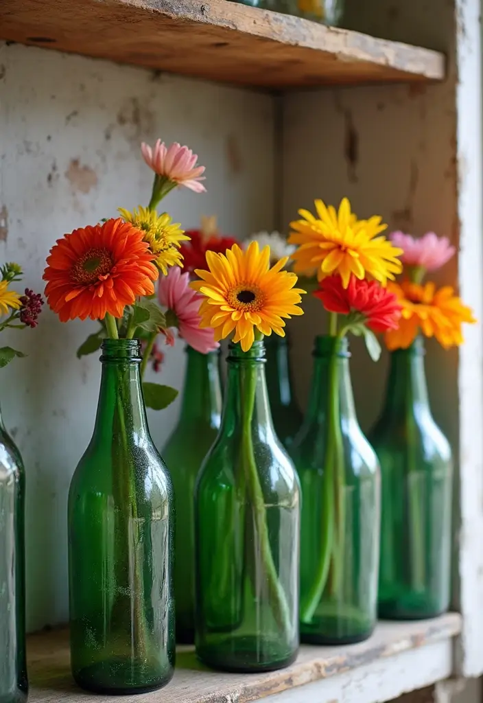 25 Decorative Kitchen Shelf Ideas With Vases - 6. Glass Bottles as Vases