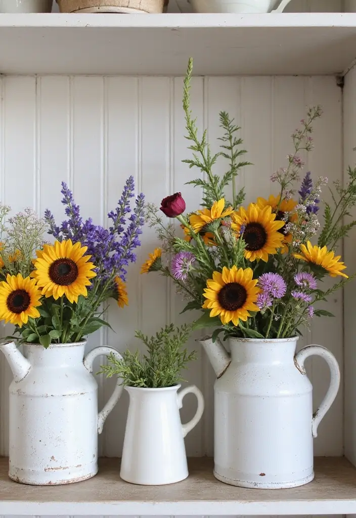 25 Decorative Kitchen Shelf Ideas With Vases - 7. Farmhouse Milk Cans