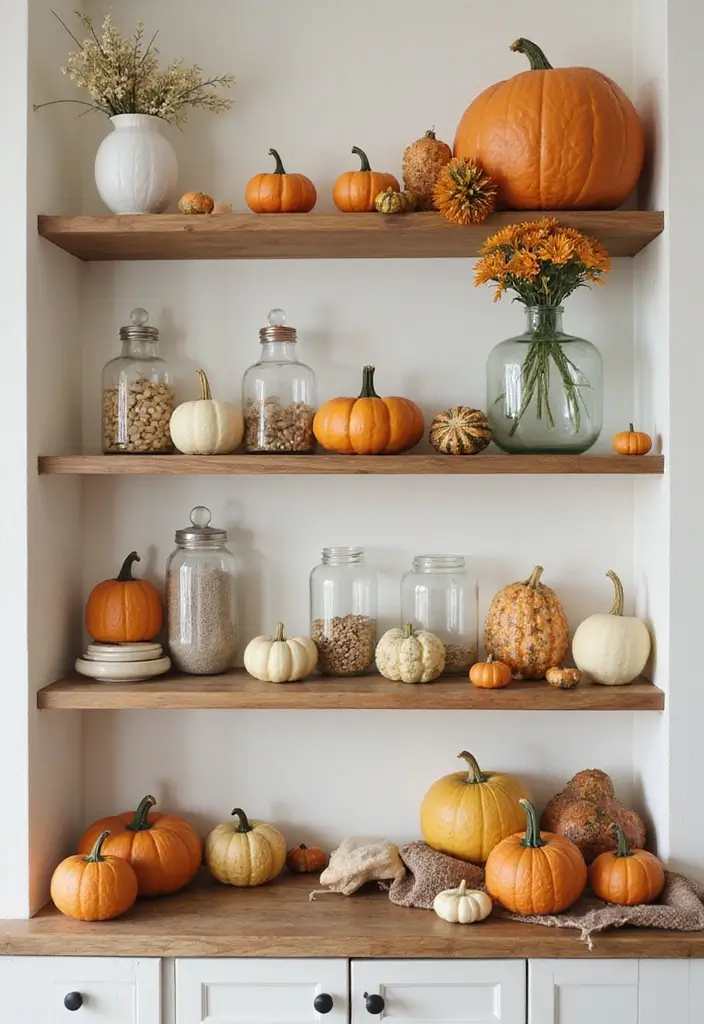 25 Decorative Kitchen Shelf Ideas With Vases - 8. Seasonal Decor with Pumpkins