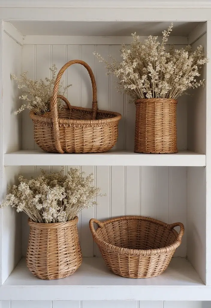 25 Decorative Kitchen Shelf Ideas With Vases - 9. Woven Baskets with Dried Flowers