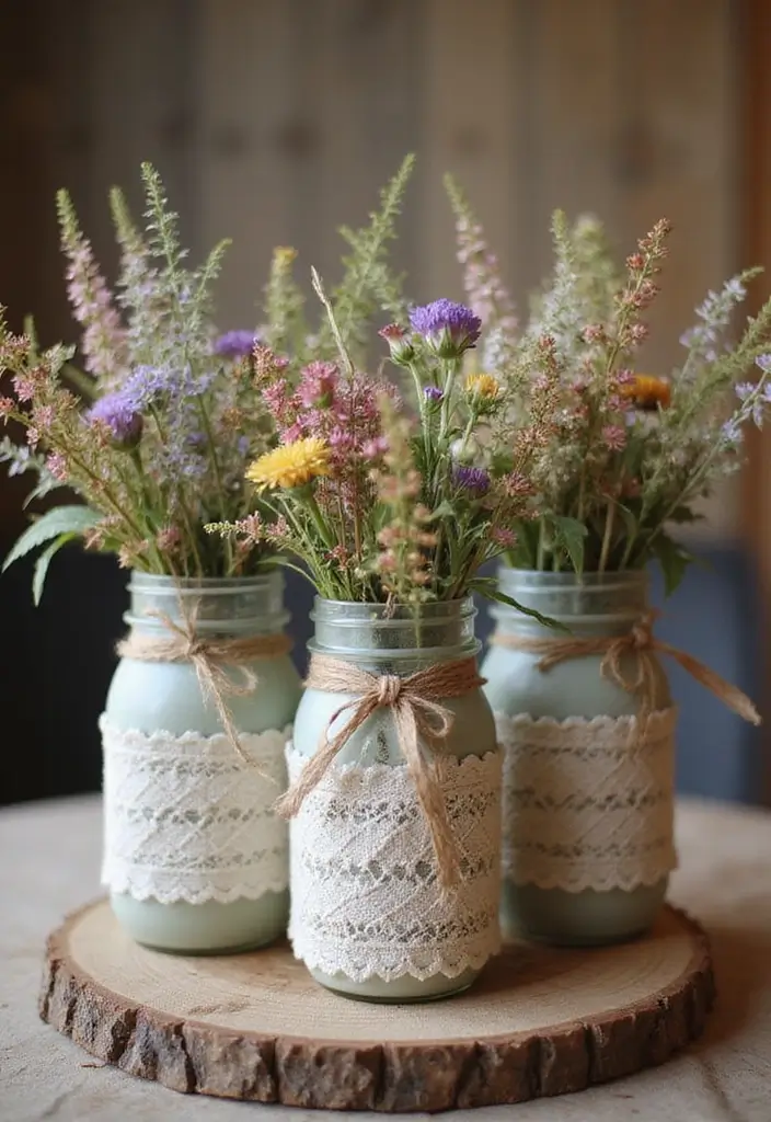 26 Decorative Glass Vases With Lace And Ribbon You’ll Love 1 26 Decorative Glass Vases With Lace And Ribbon You’ll Love - 1. Rustic Mason Jar Vases