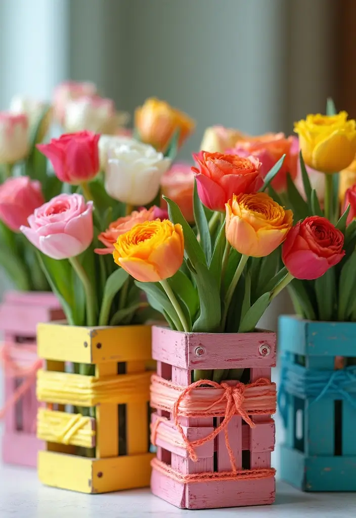 26 Decorative Glass Vases With Lace And Ribbon You’ll Love 36 26 Decorative Glass Vases With Lace And Ribbon You’ll Love - 12. Colorful Crate Vases