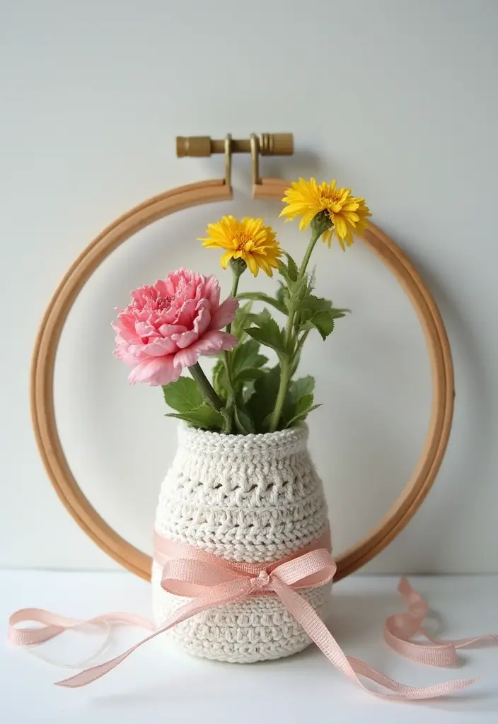 26 Decorative Glass Vases With Lace And Ribbon You’ll Love 42 26 Decorative Glass Vases With Lace And Ribbon You’ll Love - 18. Charming Embroidery Hoop Vases