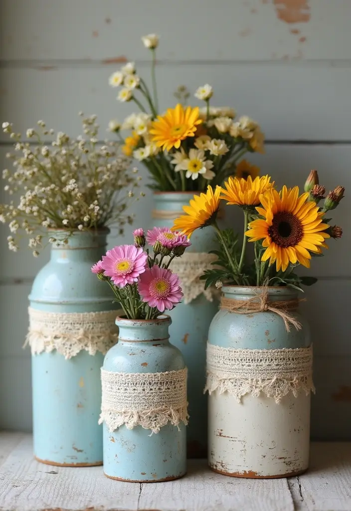 26 Decorative Glass Vases With Lace And Ribbon You’ll Love 49 26 Decorative Glass Vases With Lace And Ribbon You’ll Love - 19. Upcycled Vintage Containers