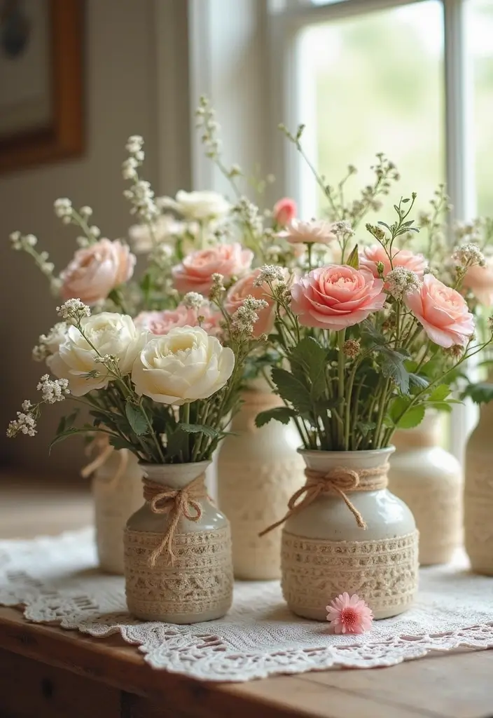 26 Decorative Glass Vases With Lace And Ribbon You’ll Love 55 26 Decorative Glass Vases With Lace And Ribbon You’ll Love - 21. Vintage Inspired Floral Vases