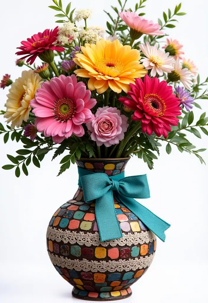 26 Decorative Glass Vases With Lace And Ribbon You’ll Love 65 26 Decorative Glass Vases With Lace And Ribbon You’ll Love - 23. Colorful Mosaic Vases