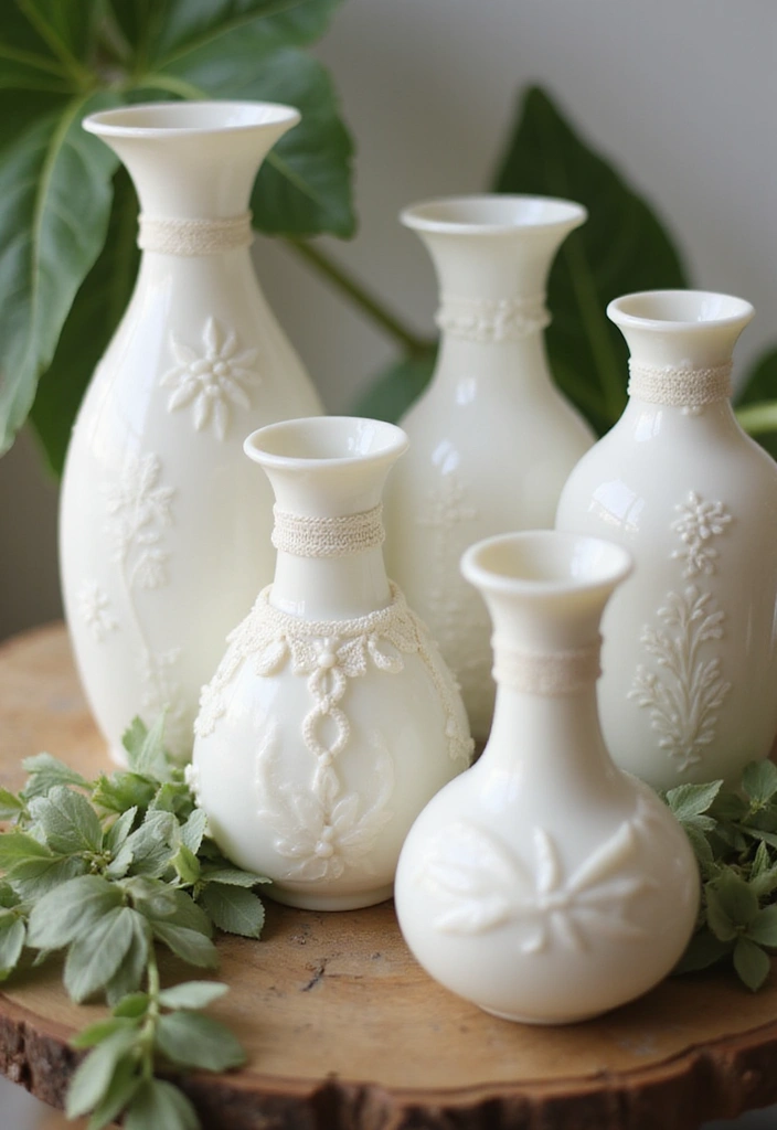 26 Decorative Glass Vases With Lace And Ribbon You’ll Love 9 26 Decorative Glass Vases With Lace And Ribbon You’ll Love - 3. Vintage Milk Glass Vases