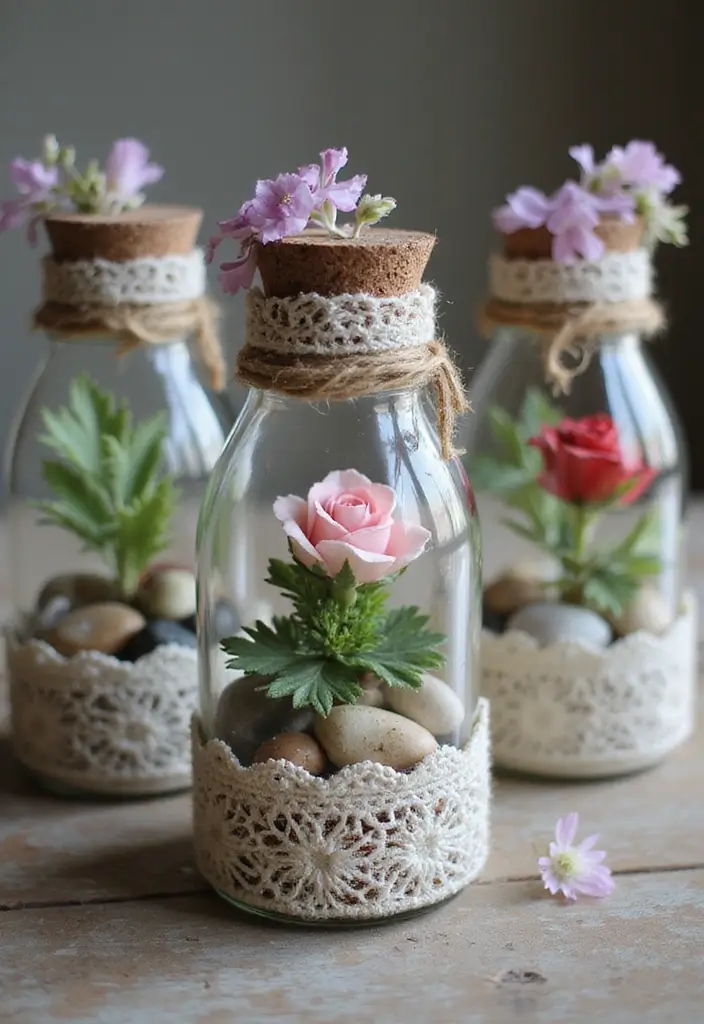 26 Decorative Glass Vases With Lace And Ribbon You’ll Love 10 26 Decorative Glass Vases With Lace And Ribbon You’ll Love - 4. Lace-Embellished Bell Jar Terrariums