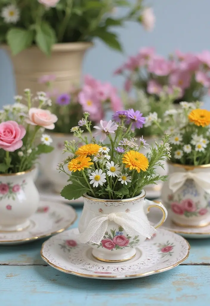 26 Decorative Glass Vases With Lace And Ribbon You’ll Love 17 26 Decorative Glass Vases With Lace And Ribbon You’ll Love - 5. Vintage Teacup Vases
