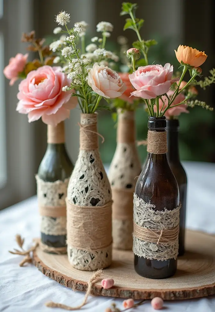 26 Decorative Glass Vases With Lace And Ribbon You’ll Love 24 26 Decorative Glass Vases With Lace And Ribbon You’ll Love - 6. Repurposed Wine Bottles