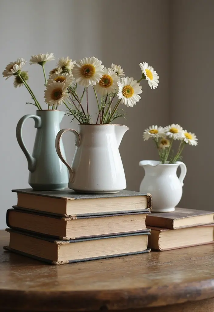 26 Decorative Vase And Pitcher Arrangements For Tabletops 26 26 Decorative Vase And Pitcher Arrangements For Tabletops - 18. Heights and Textures with Stacked Books
