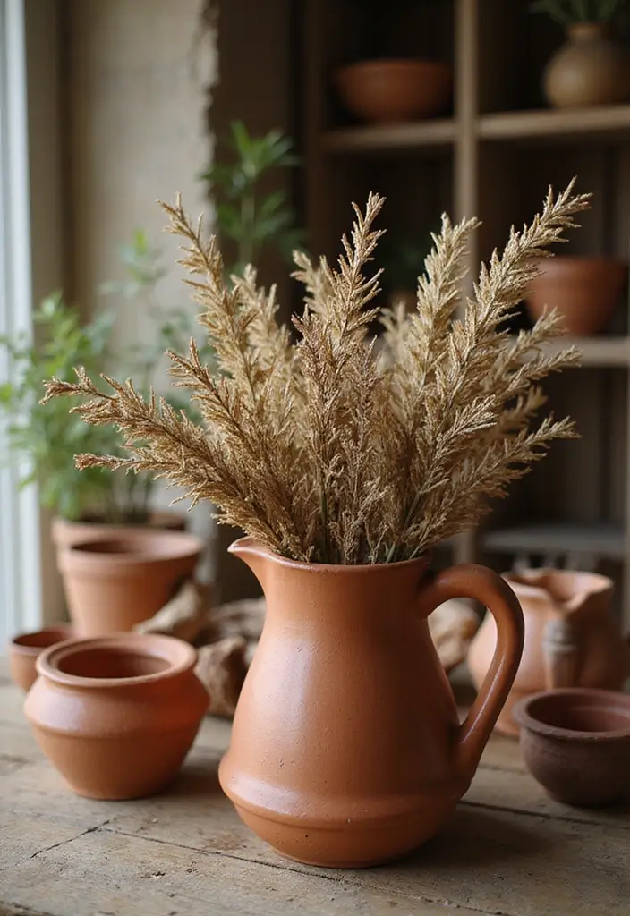 26 Decorative Vase And Pitcher Arrangements For Tabletops 2 26 Decorative Vase And Pitcher Arrangements For Tabletops - 2. Rustic Clay Pitchers