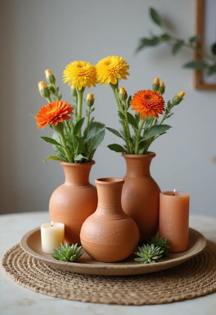 26 Decorative Vase And Pitcher Arrangements For Tabletops 5 26 Decorative Vase And Pitcher Arrangements For Tabletops - 5. Whimsical Terracotta Vases