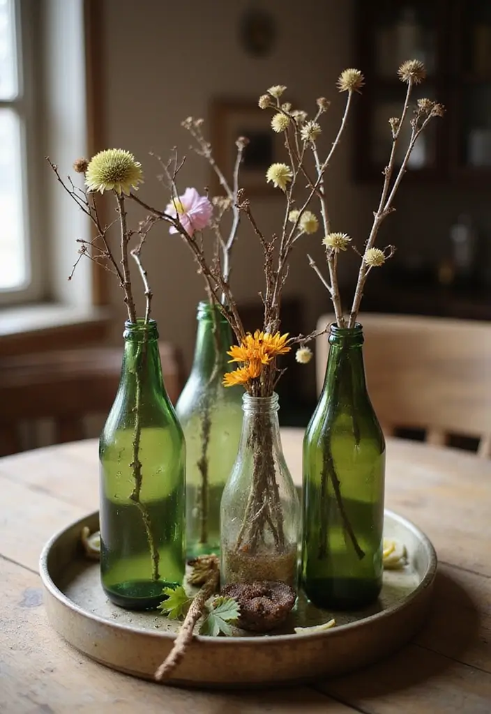 26 Decorative Vase And Pitcher Arrangements For Tabletops 8 26 Decorative Vase And Pitcher Arrangements For Tabletops - 8. Layered Heights with Bottles