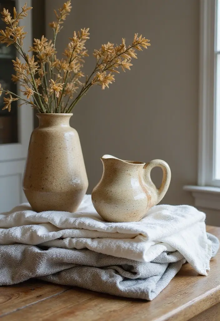 26 Decorative Vase And Pitcher Arrangements For Tabletops 9 26 Decorative Vase And Pitcher Arrangements For Tabletops - 9. Layering with Fabric