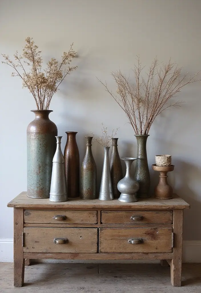 26 Decorative Vases On Wooden Consoles For Natural Warmth 9 26 Decorative Vases On Wooden Consoles For Natural Warmth - 3. Vintage Metal Accents