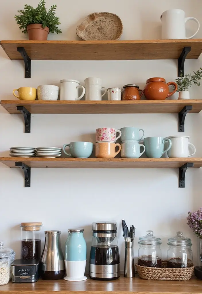 26 Home Decor Coffee Bar Ideas For Cozy Corners - 13. Coffee Bar with Open Shelving