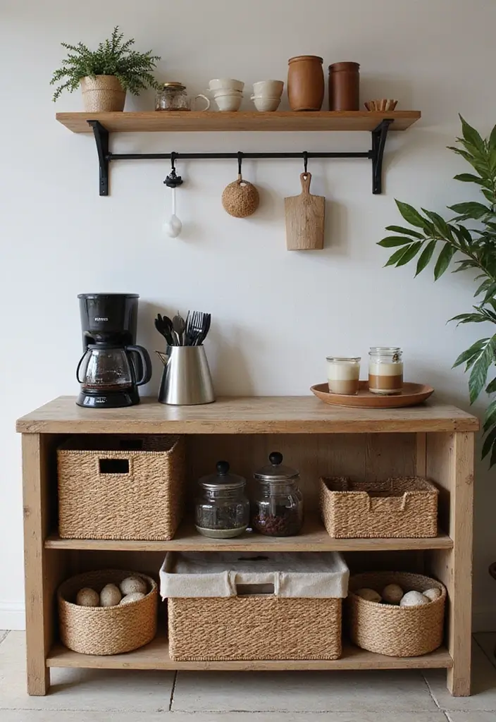 26 Home Decor Coffee Bar Ideas For Cozy Corners - 17. Stylish Storage Baskets