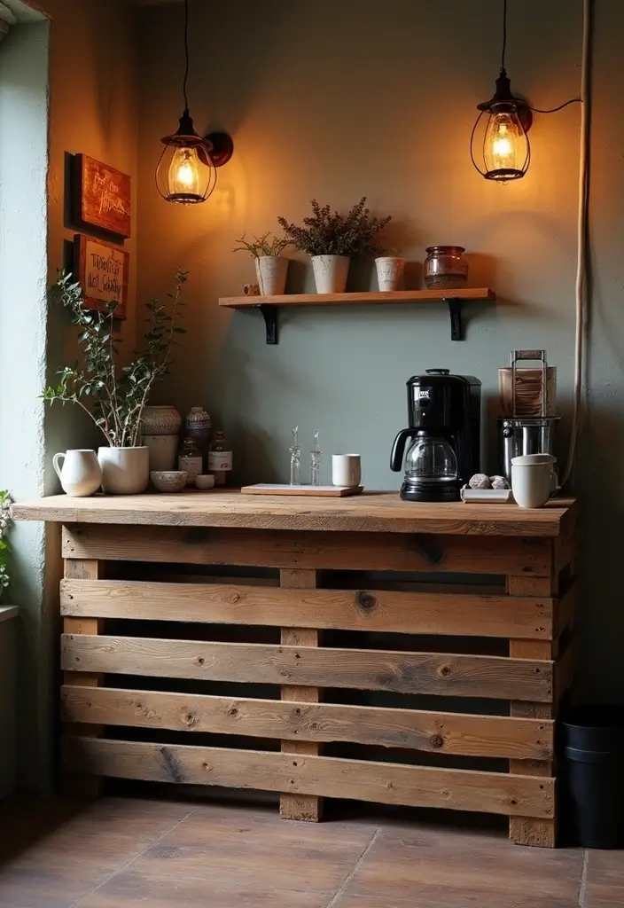 26 Home Decor Coffee Bar Ideas For Cozy Corners - 3. Rustic Wood Pallet Bar