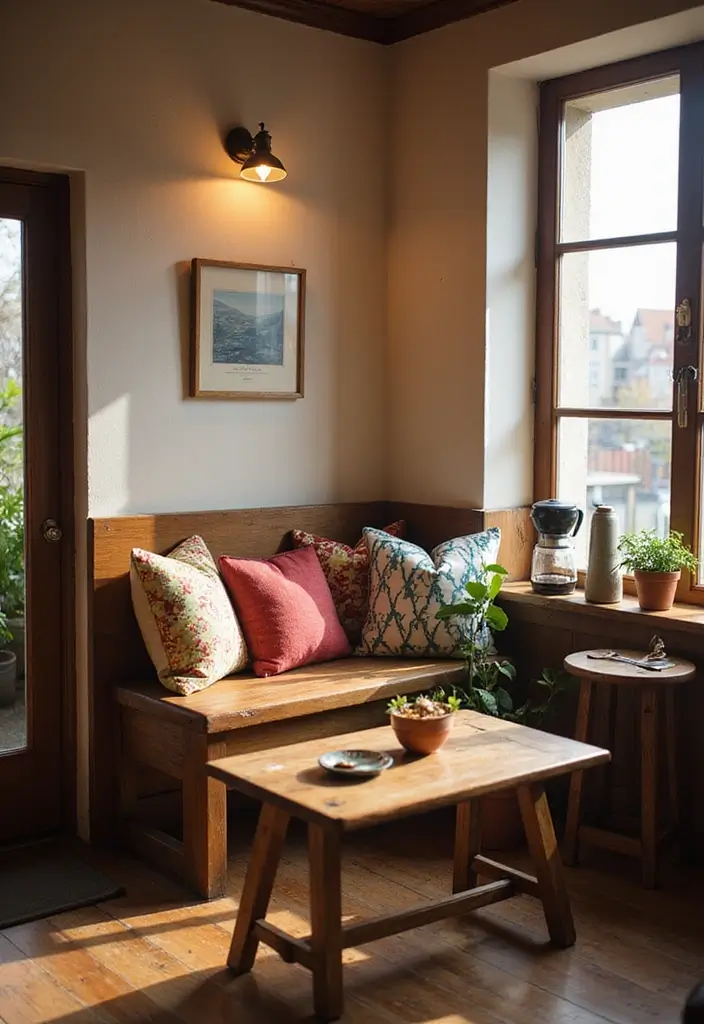 26 Home Decor Coffee Bar Ideas For Cozy Corners - 4. Nook with a Bench and Cushions