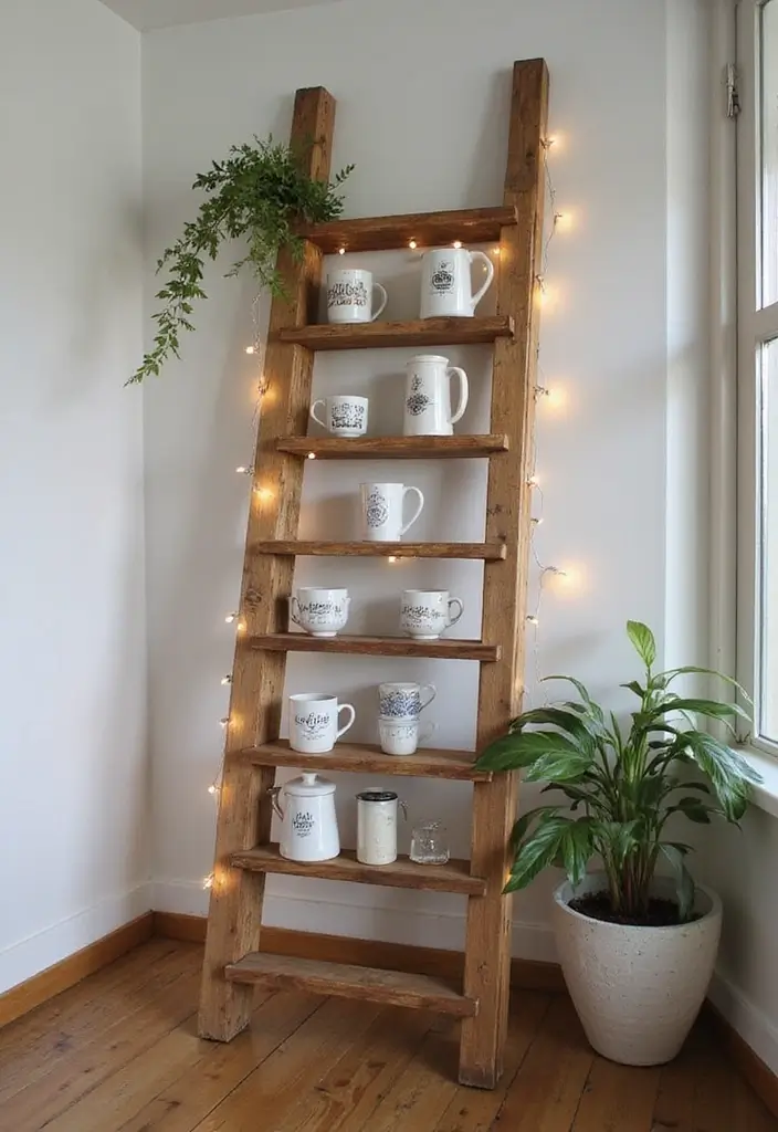 26 Home Decor Coffee Bar Ideas For Cozy Corners - 5. Upcycled Ladder Display
