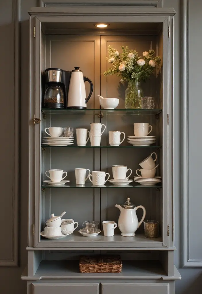 26 Home Decor Coffee Bar Ideas For Cozy Corners - 6. Chic Glass Cabinet